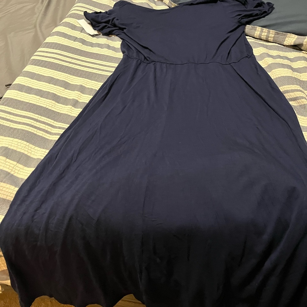 Loveappella Navy Maxi Dress Short fluttered Sleeves crochet detail shoulders